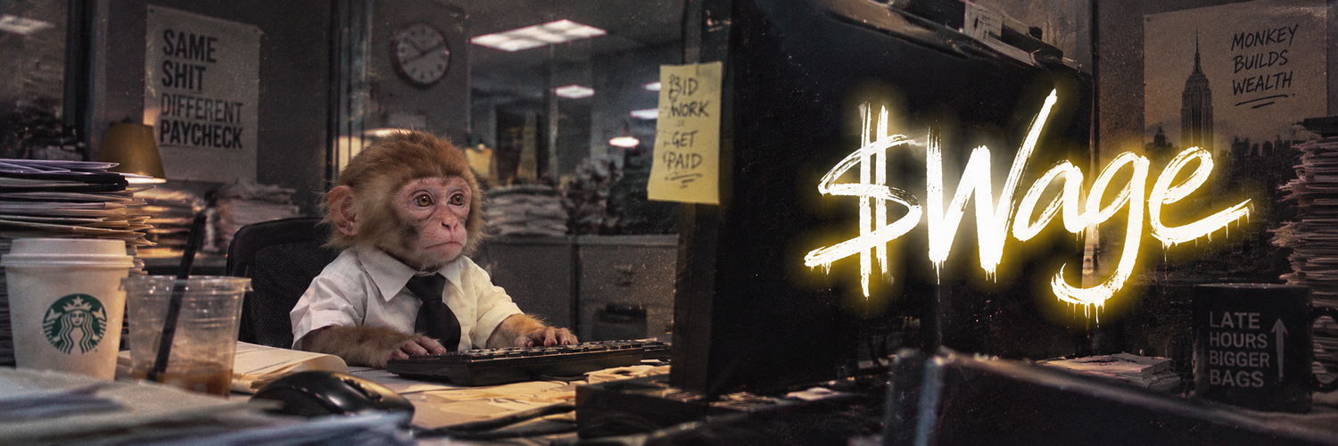 Wage Monkey working late at his desk, surrounded by paperwork and coffee, with $Wage on his monitor
